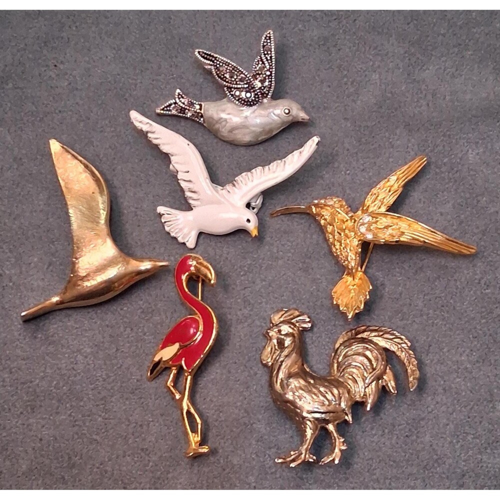 Vintage Bird Brooch Bundle (6) Flamingo Hummingbird Rooster